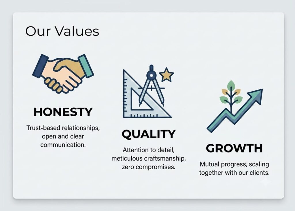Icons representing NSYLabs core values of transparency and quality